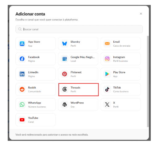 Janela Adicionar conta da Buzzmonitor com o Threads destacado na lista de canais