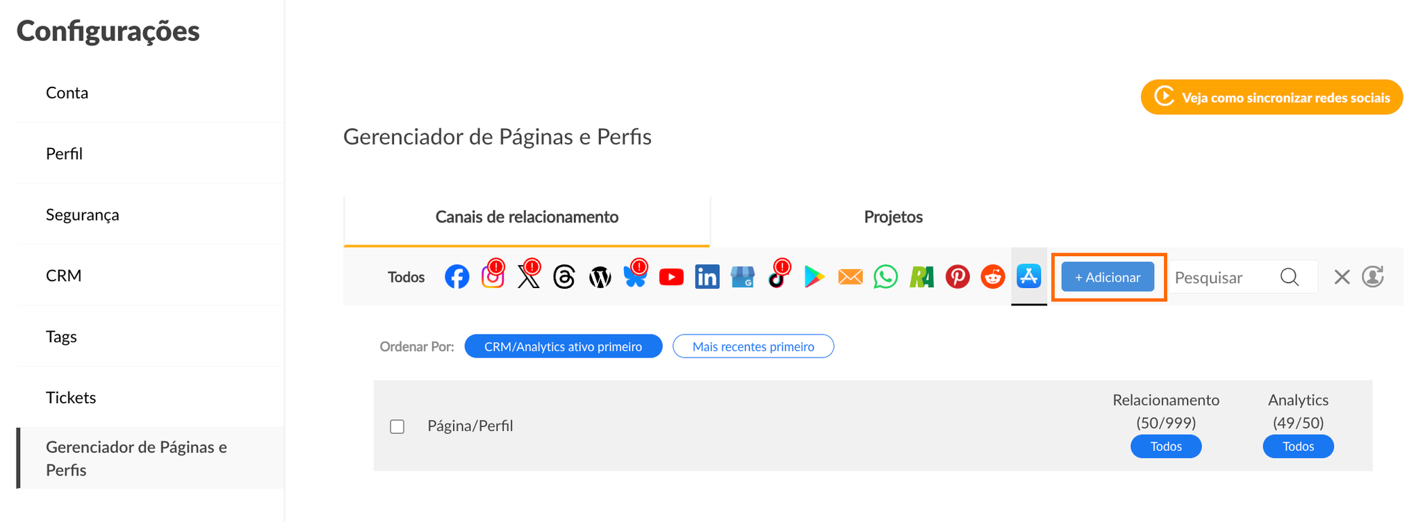 Gerenciador de Páginas e Perfis com a App Store selecionada e o botão + Adicionar destacado