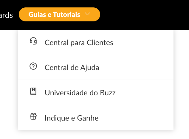 Menu Guias e Tutoriais da barra superior com Central de Ajuda, Universidade do Buzz e outros recursos