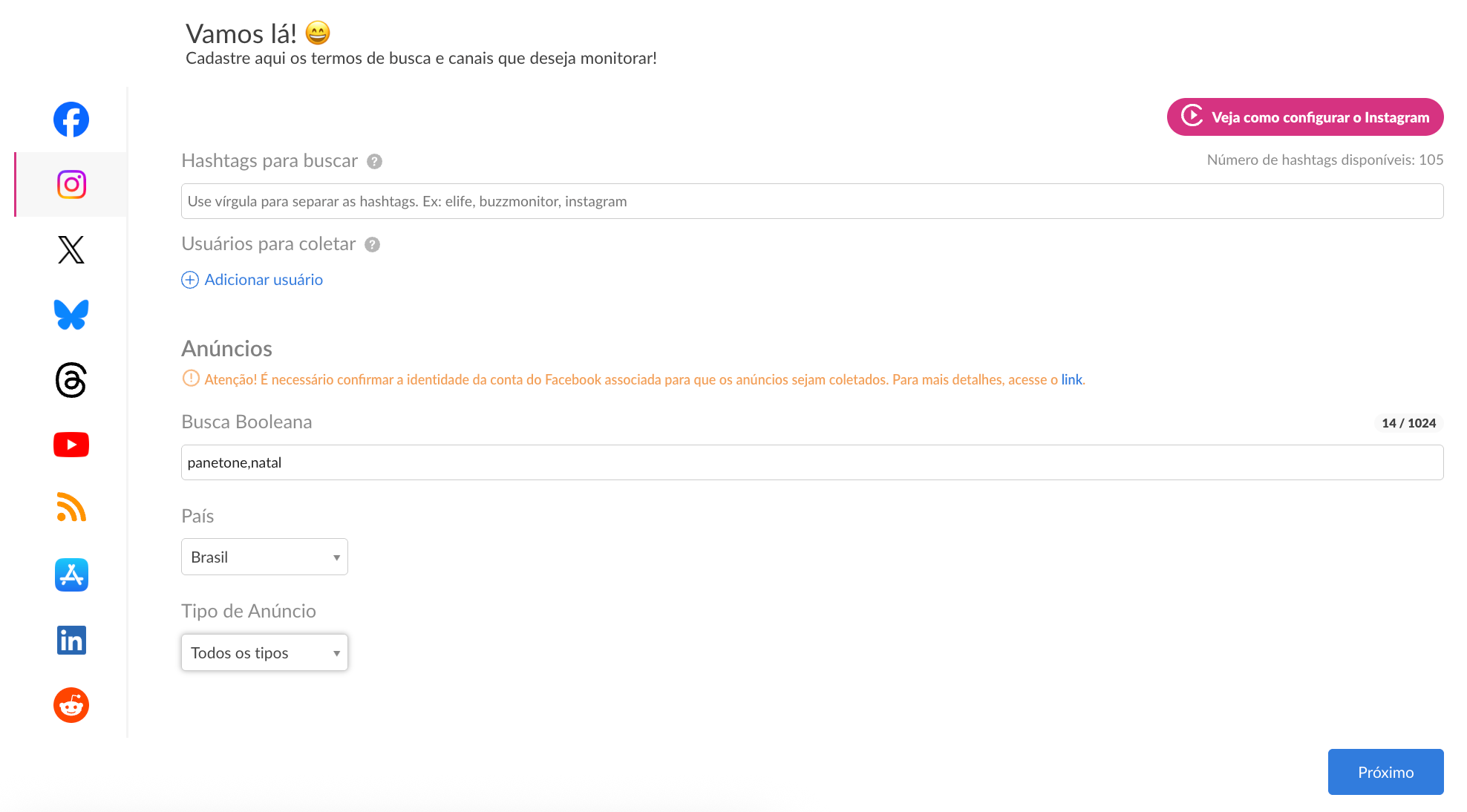 Filtro Somente Instagram com os tipos Menção - Post e Menção - Comentário marcados