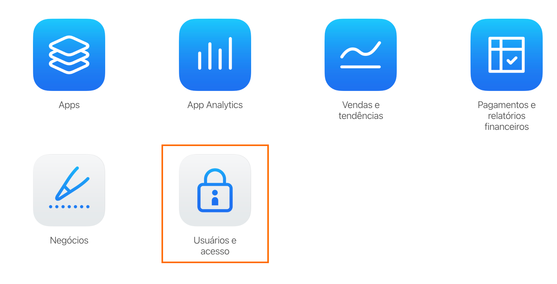 Página inicial do App Store Connect com o ícone Usuários e acesso destacado