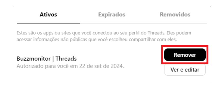 Lista de apps conectados ao Threads com o botão Remover destacado na linha da Buzzmonitor
