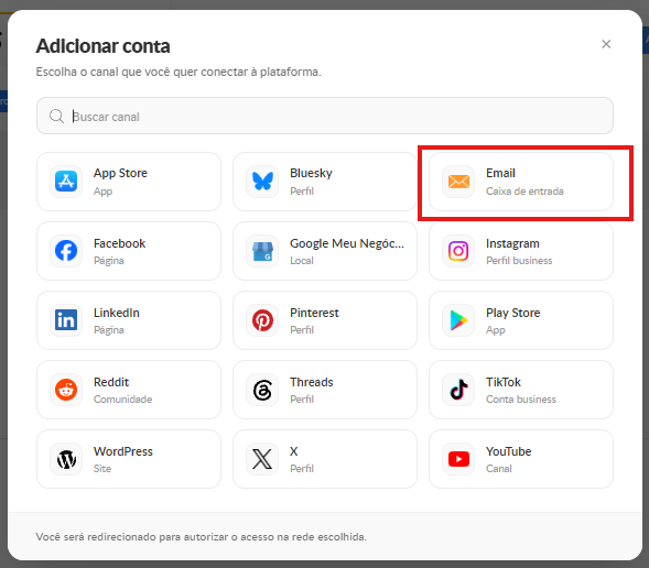Janela Adicionar conta da Buzzmonitor com a opção Email destacada para conectar uma caixa de entrada