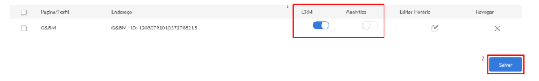 Local do Google Meu Negócio na Buzzmonitor com as chaves de CRM e Analytics e o botão Salvar destacados