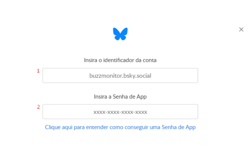 Campos do Bluesky para inserir o identificador da conta, sem o @, e a senha de app