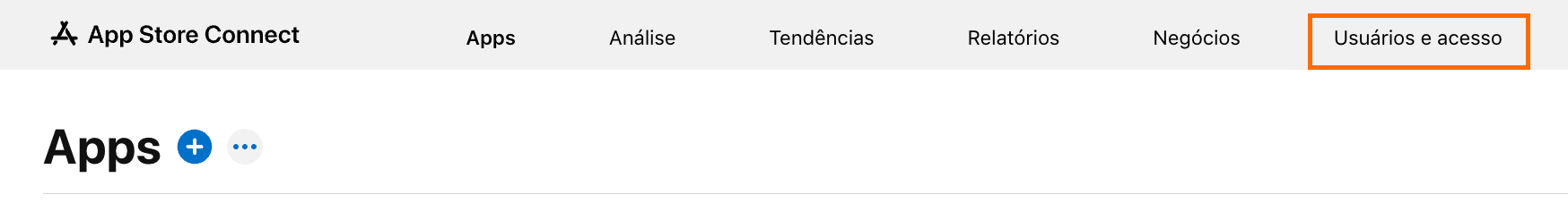 Menu superior do App Store Connect com a opção Usuários e acesso destacada