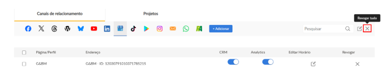 Gerenciador de Páginas e Perfis com o Google Meu Negócio selecionado e o botão Revogar tudo destacado