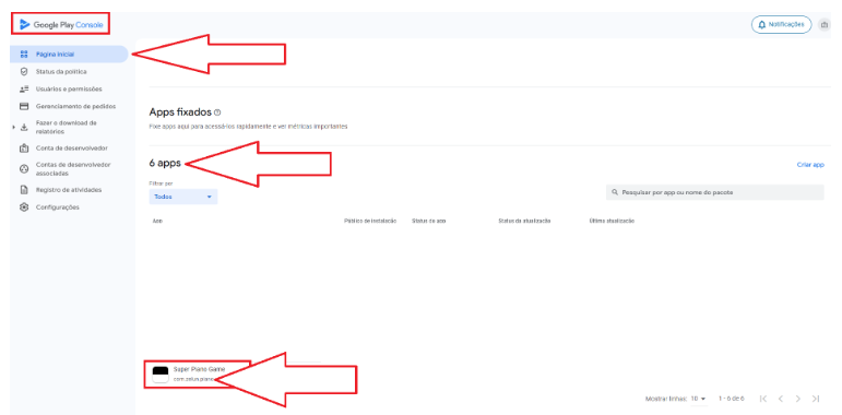 Página inicial do Google Play Console com setas indicando a lista de apps e o nome do pacote abaixo de cada app