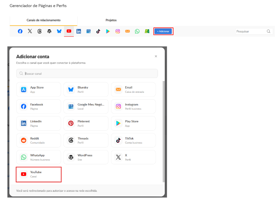 Janela Adicionar conta da Buzzmonitor com o YouTube destacado na lista de canais