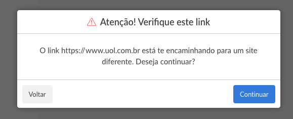 Alerta de confirmação exibido ao abrir um link externo de um widget de texto no dashboard