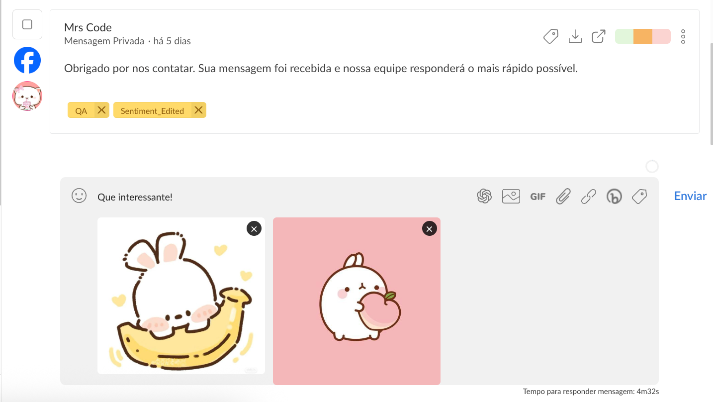 Resposta a mensagem privada do Facebook na Buzzmonitor com duas imagens anexadas antes do envio