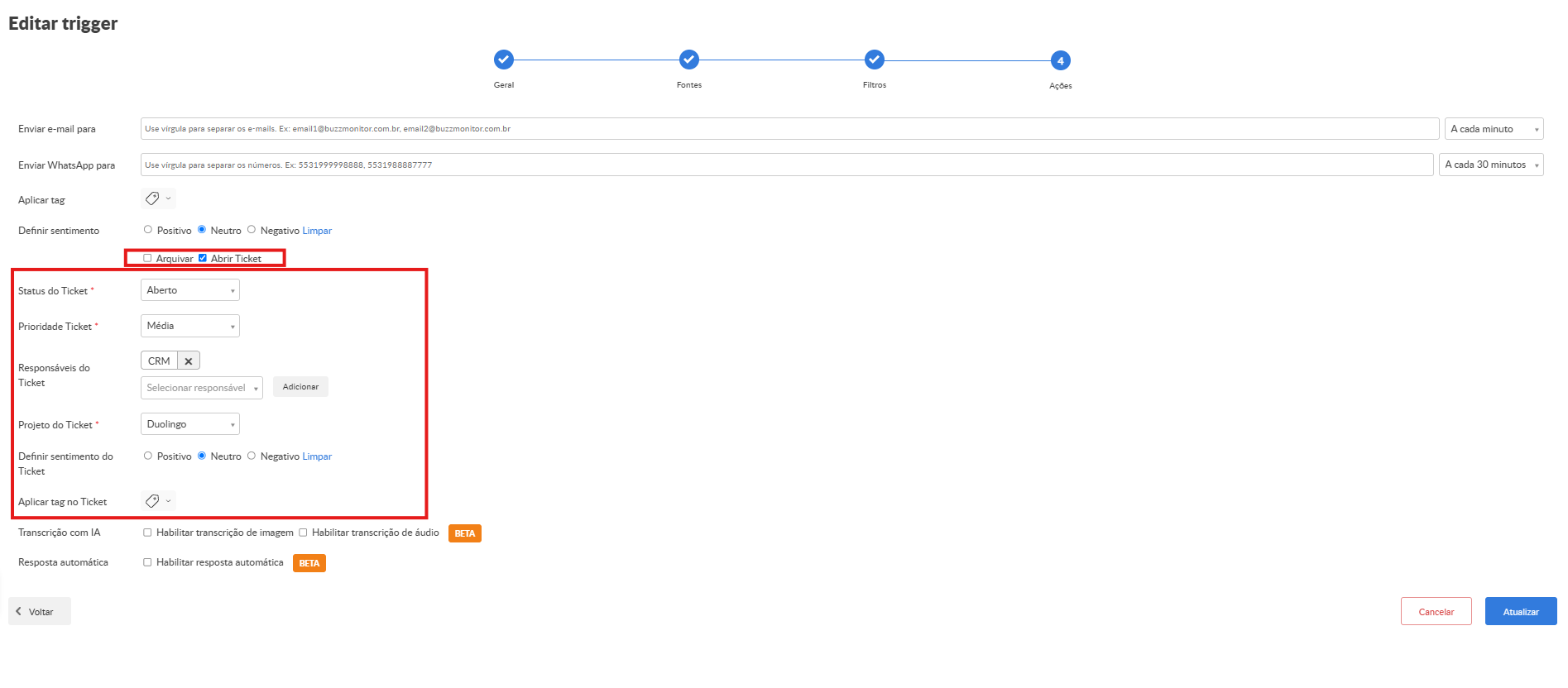 Etapa Ações do trigger com Abrir Ticket marcado e os campos de status, prioridade, responsáveis e projeto do ticket