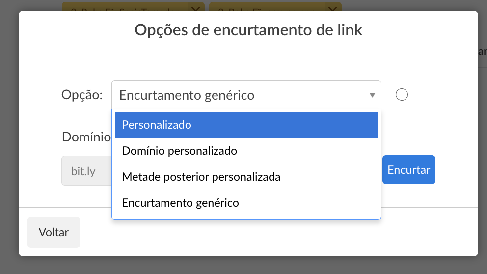 Janela Opções de encurtamento de link com os tipos de encurtamento do Bitly, como domínio personalizado