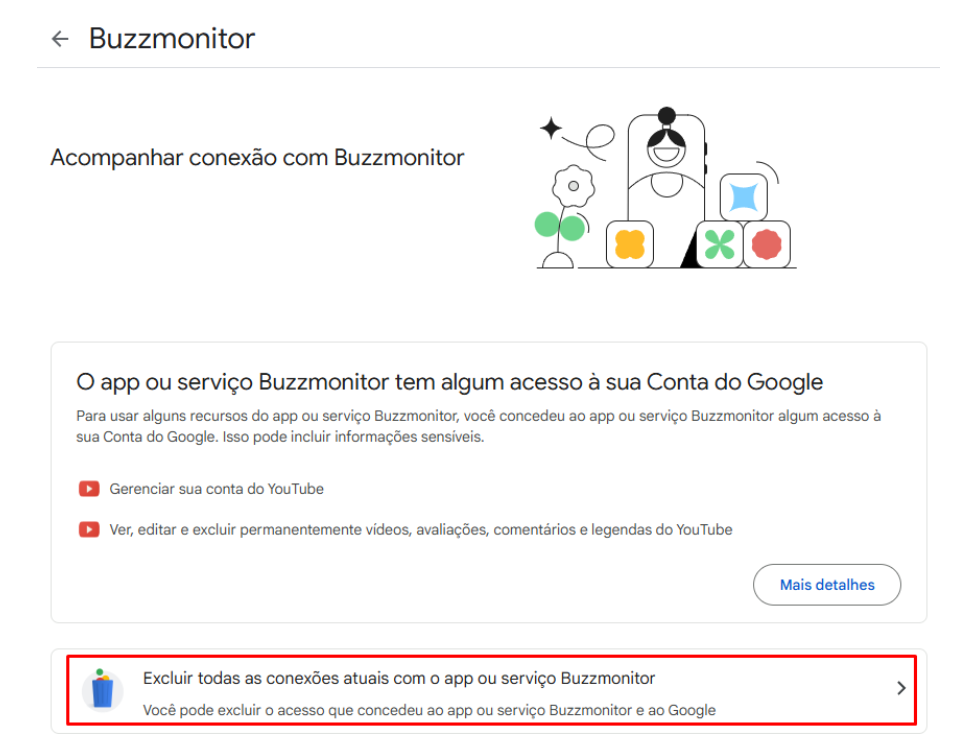 Página da Conta do Google com a opção de excluir todas as conexões com o app Buzzmonitor destacada