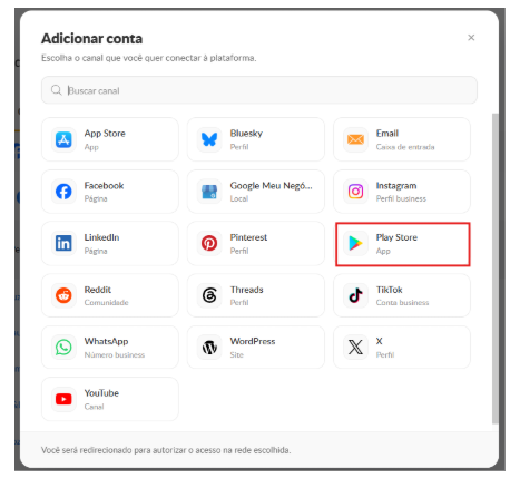 Janela Adicionar conta da Buzzmonitor com a Play Store destacada entre os canais disponíveis