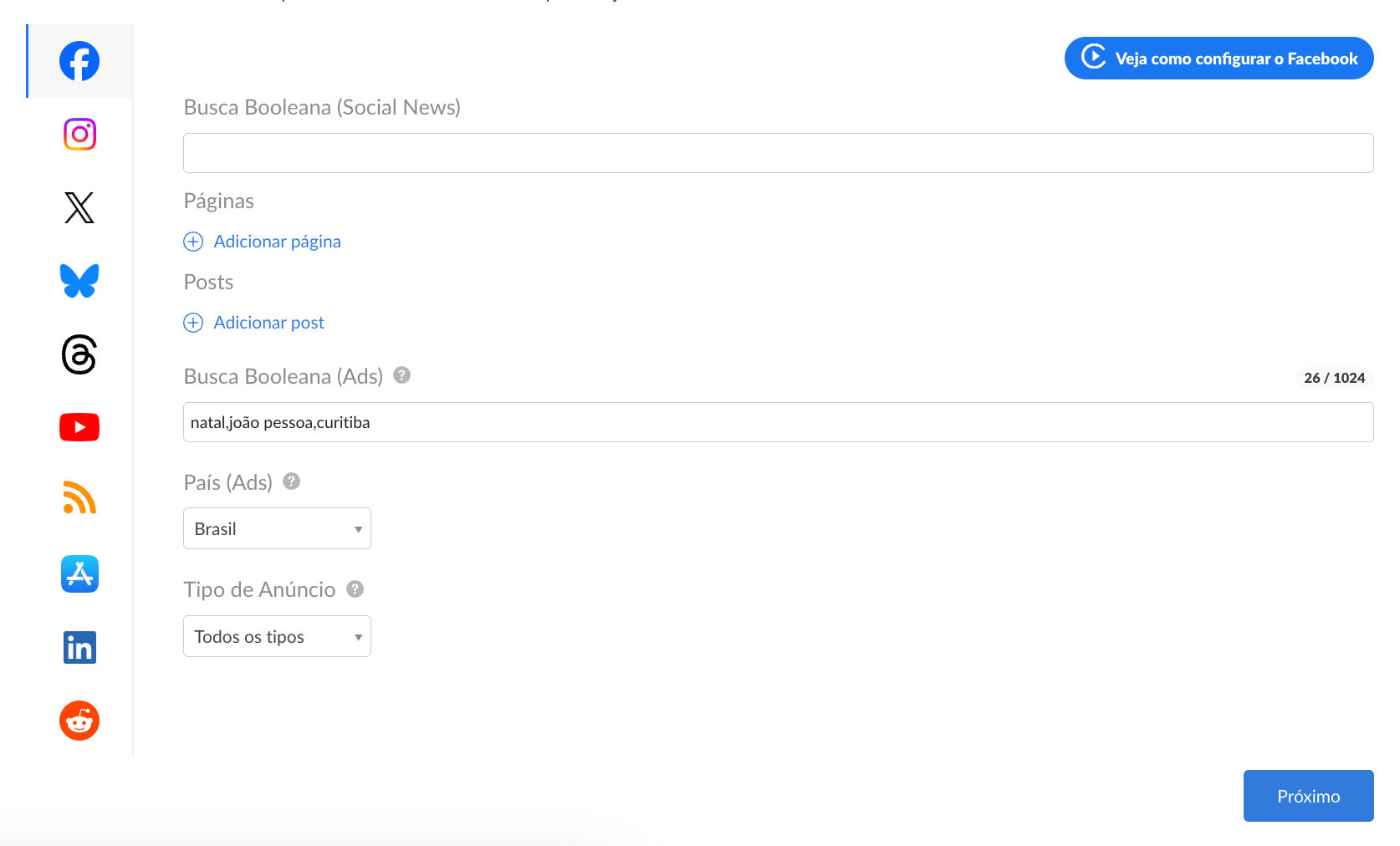 Configuração de projeto no Facebook com os campos Busca Booleana (Ads), País (Ads) e Tipo de Anúncio