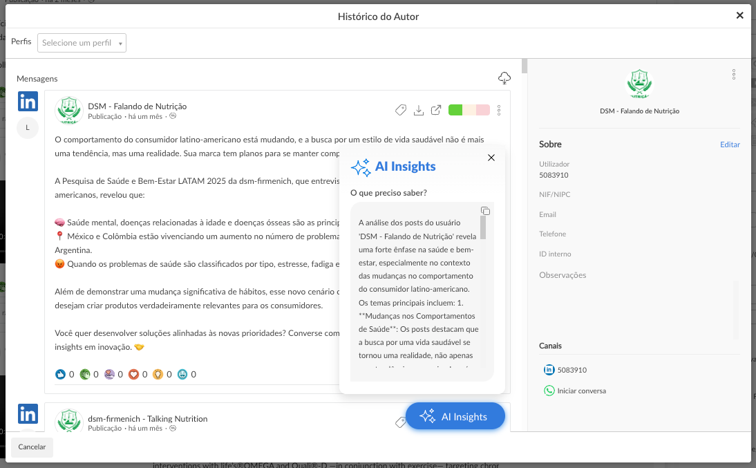 Histórico do Autor na Buzzmonitor com o painel AI Insights resumindo os principais temas dos posts do usuário