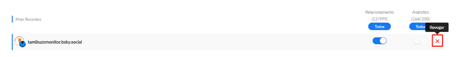 Perfil do Bluesky no Gerenciador de Páginas e Perfis com o botão X de revogar destacado