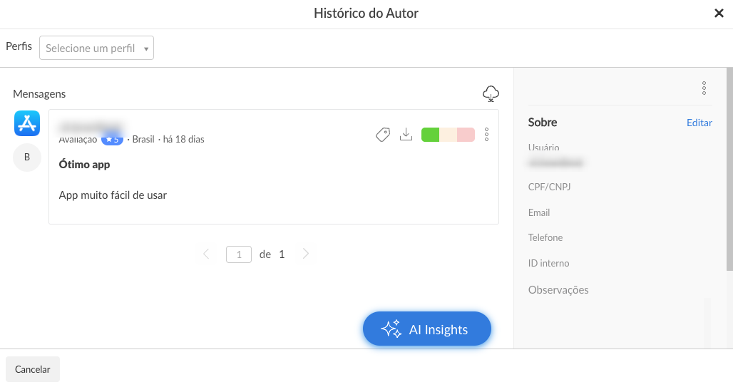 Histórico do Autor de uma avaliação da App Store na Buzzmonitor, com a mensagem e os dados do usuário
