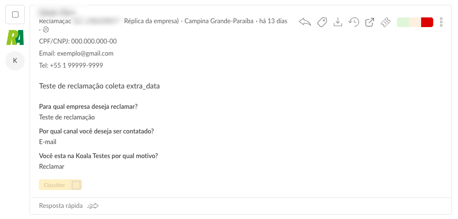 Reclamação do Reclame Aqui na Buzzmonitor com CPF, e-mail, telefone e respostas do formulário na interação