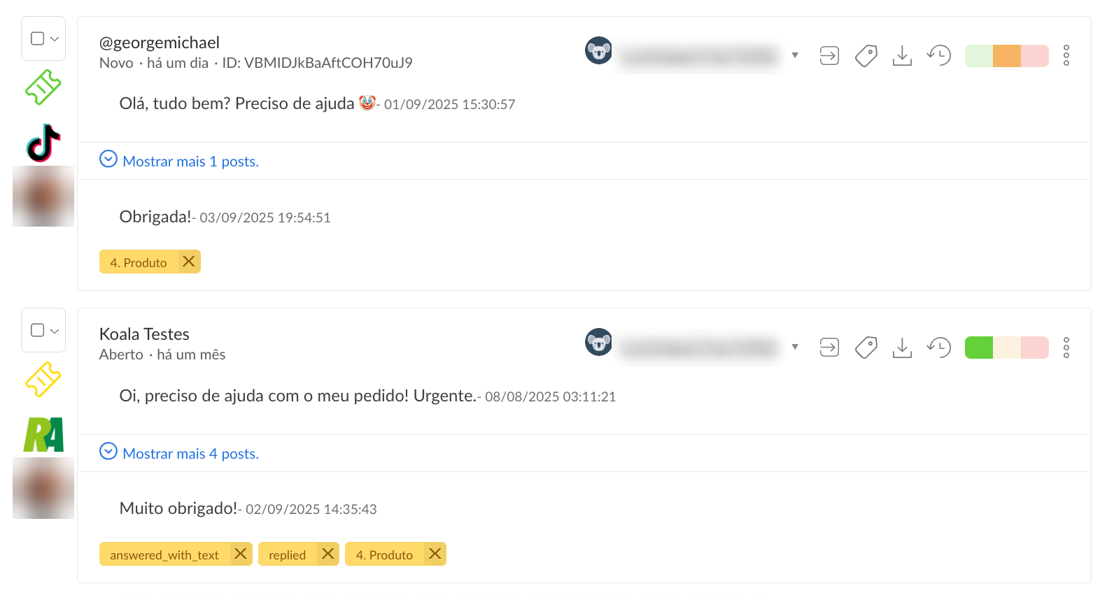 Tickets em relatório da Buzzmonitor com o ícone da rede social de cada interação, como TikTok e Reclame Aqui