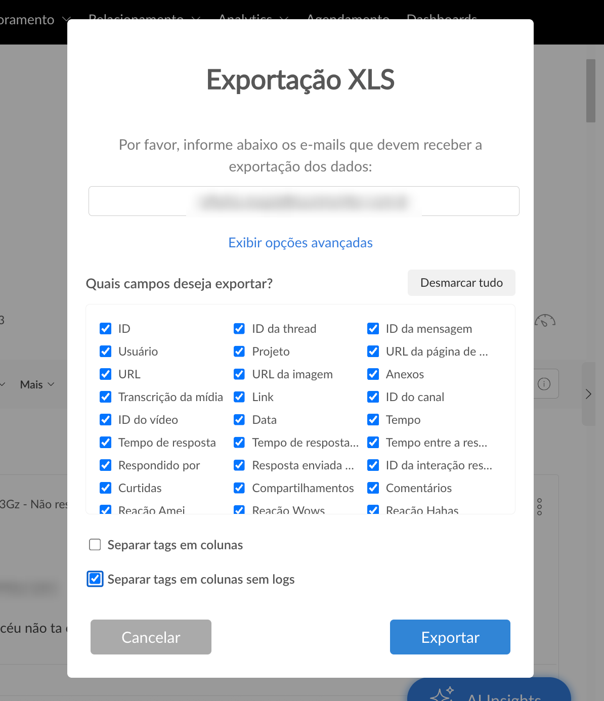 Janela Exportação XLS da Buzzmonitor com a opção Separar tags em colunas sem logs marcada