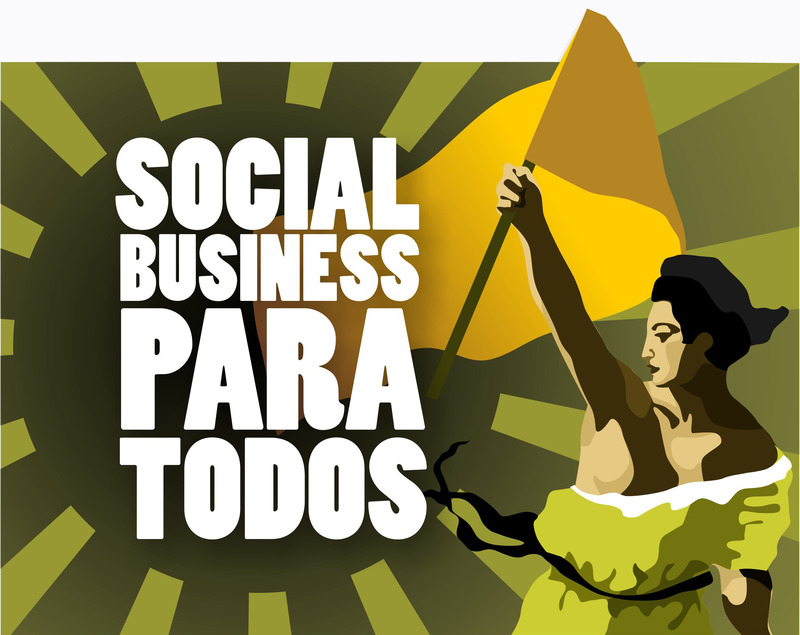 imagem desenhada de uma mulher com vestido amarelo segurando uma bandeira amarela. ao lado está escrito "SocialBusiness para todos"