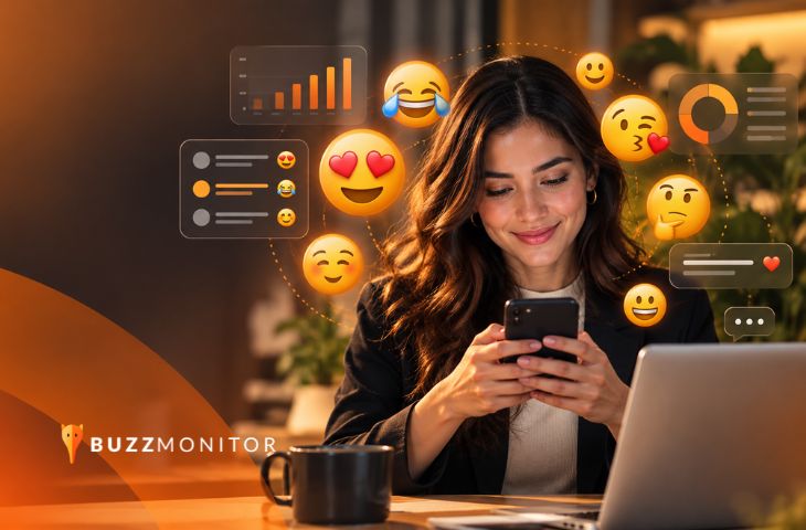 Mujer sonriendo mientras usa el celular, rodeada de emojis y gráficos de análisis de redes sociales