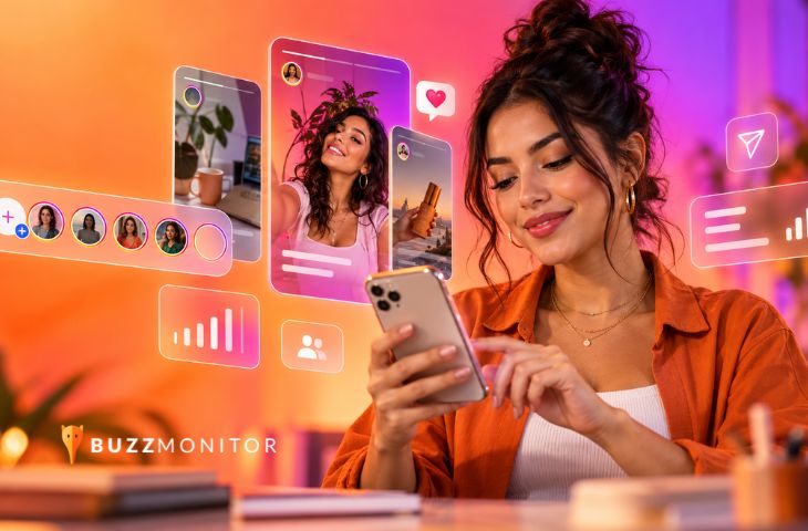 Mujer utilizando un smartphone rodeada de historias de Instagram, publicaciones, reacciones y métricas de interacción en redes sociales.