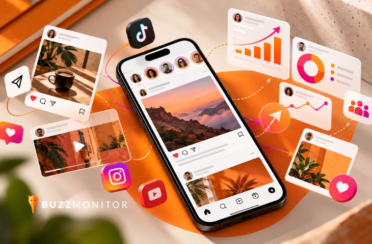 Smartphone con publicaciones y perfiles de redes sociales, rodeado de iconos de plataformas digitales, gráficos de rendimiento e indicadores de interacción.