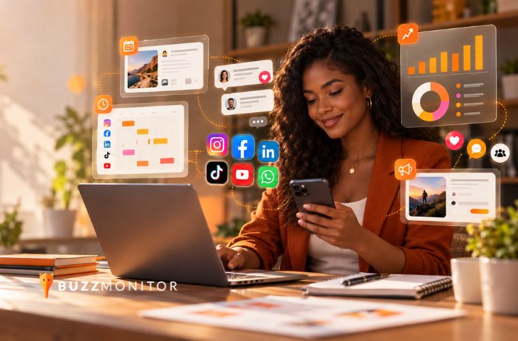 Profesional de marketing digital gestionando redes sociales desde su computadora, con herramientas de planificación de contenidos, interacción y análisis de resultados.