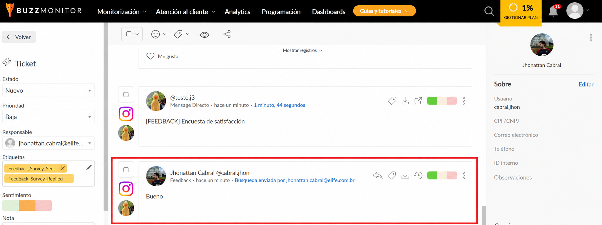 Pantalla del módulo Monitoreo mostrando la etiqueta automática Feedback_Survey_Replied en el ticket