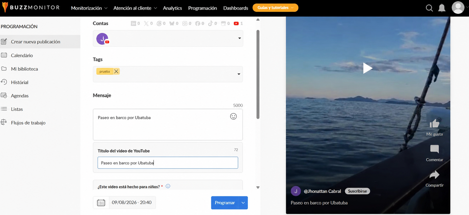 Interfaz de Programación de Buzzmonitor con la nueva opción de publicación de Shorts en YouTube