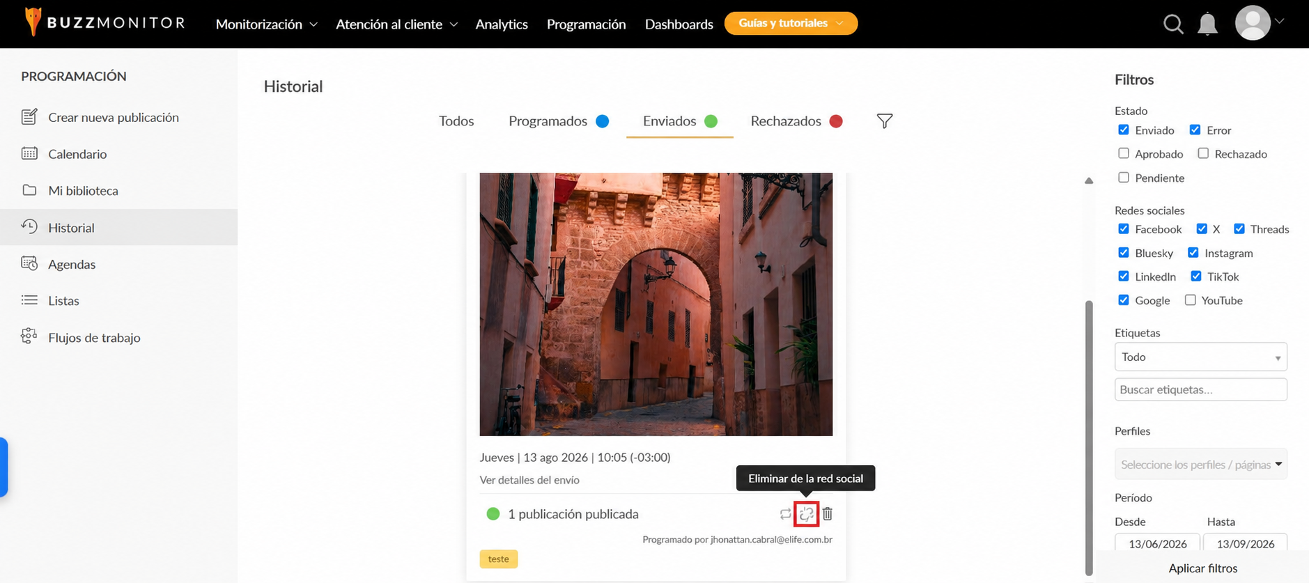 Pantalla de Programación mostrando la opción de eliminar publicaciones ya publicadas en redes sociales